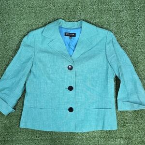 Jones New York Size 6 100% Linen Turquoise Green Three Button Casual Blazer